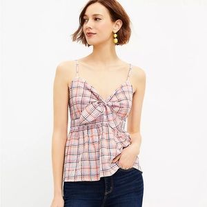 LOFT Gingham Tie-Front Peplum Cami Top Spaghetti Strap V-Neck Stretch Cotton L